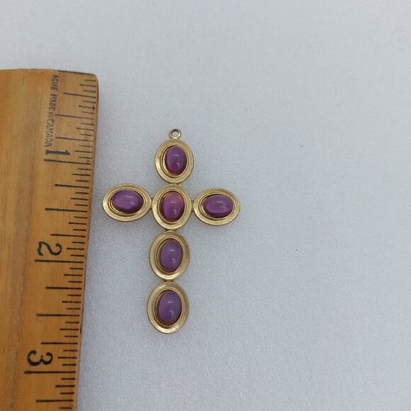 Vintage Gold Tone Amethyst Necklace 2" Cross Pendant - Picture 4 of 7